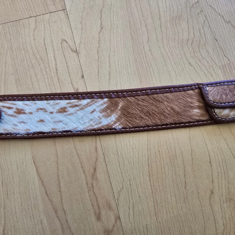 Western Calf Hair Faux‎ Leather Belt with Pouches Tan White Silver Buckle 32in